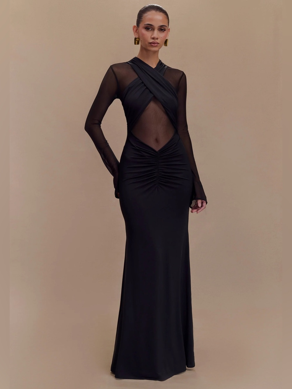New!  Meshki black Mesh Wrap-Detail Evening Gown
